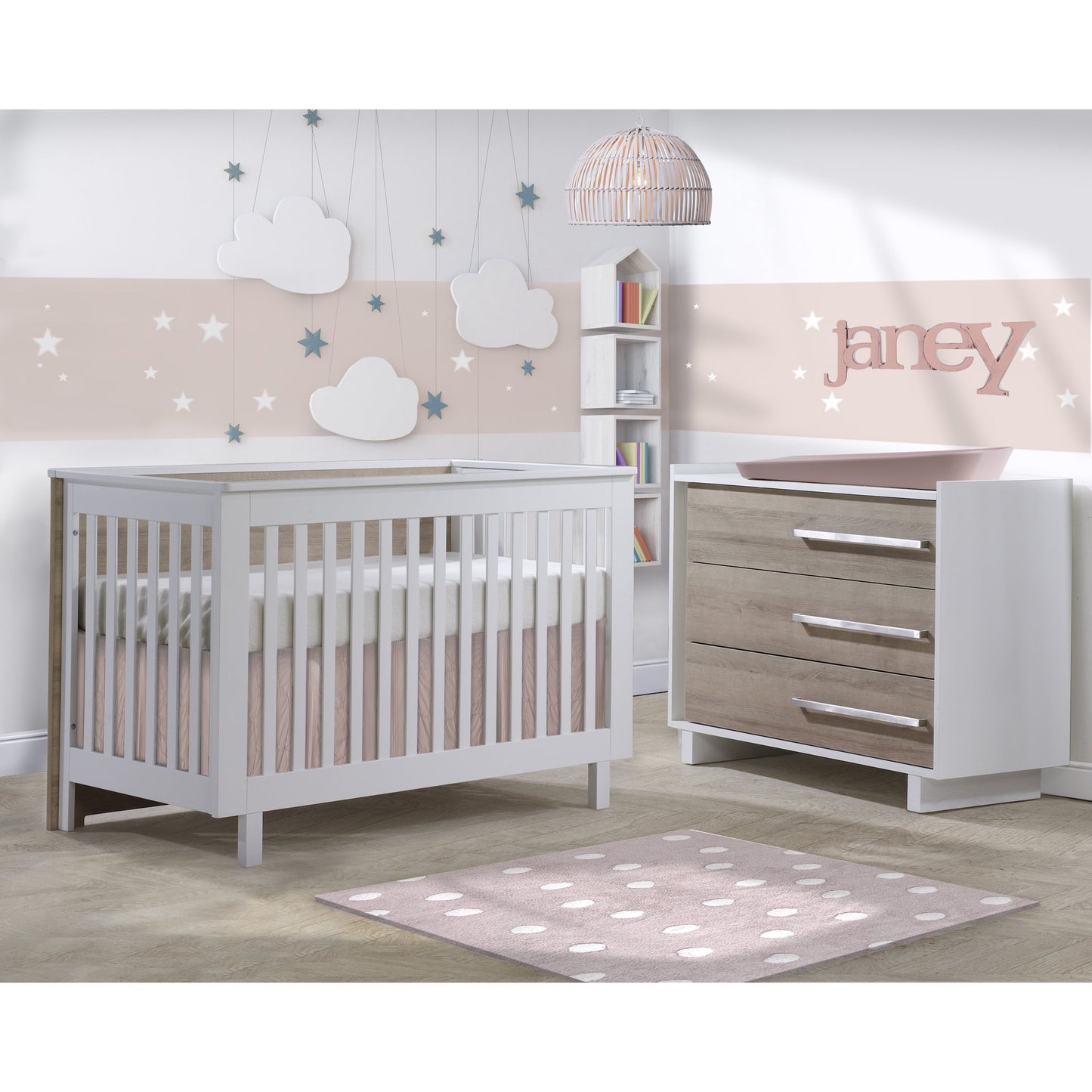 Tulip Urban Convertible Crib & 3 Drawer Dresser XL, White/Natural
