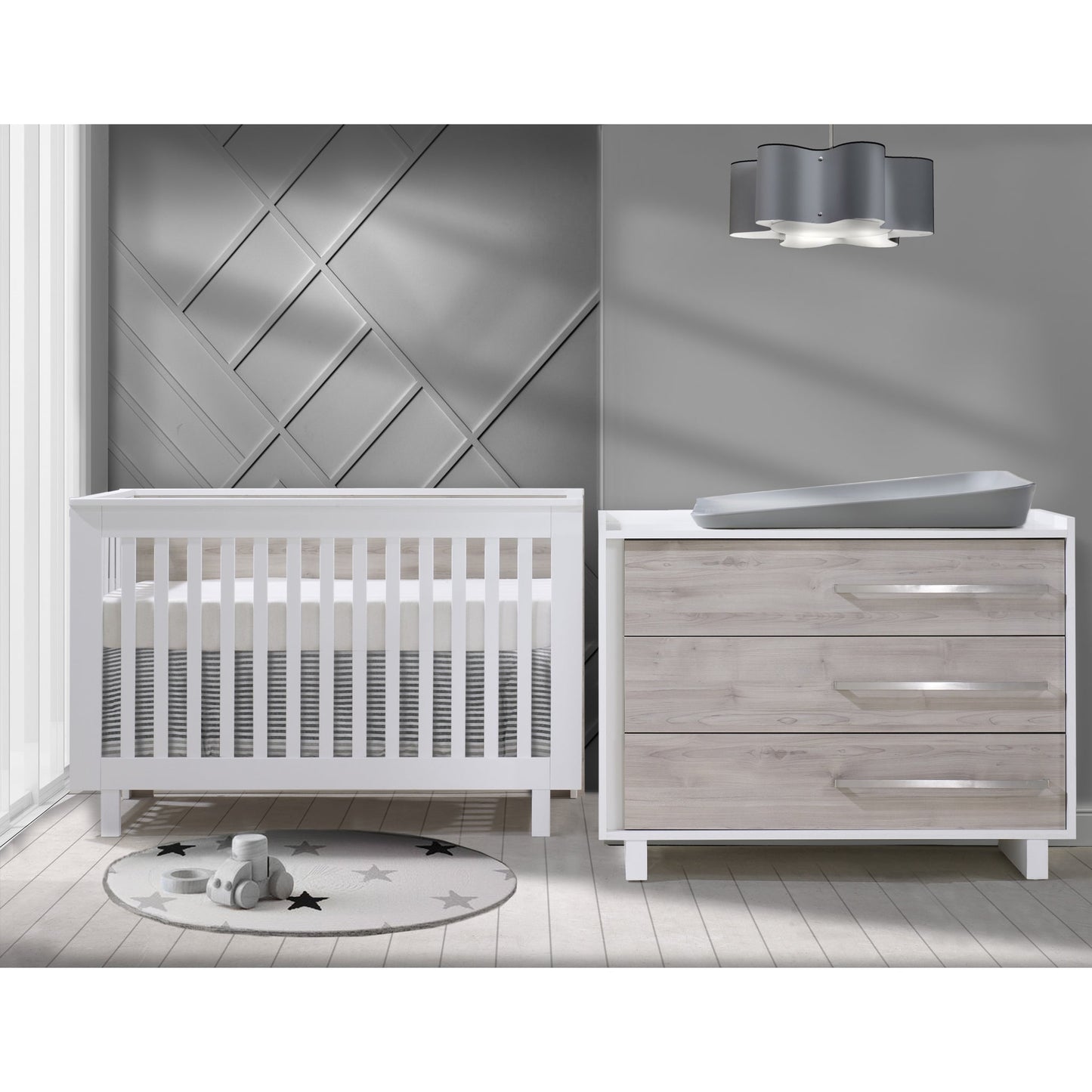 Tulip Urban Convertible Crib & 3 Drawer Dresser XL, WHITE/SAND