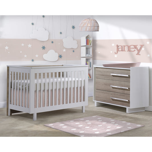 Tulip Urban Convertible Crib & 3 Drawer Dresser XL, White/Natural