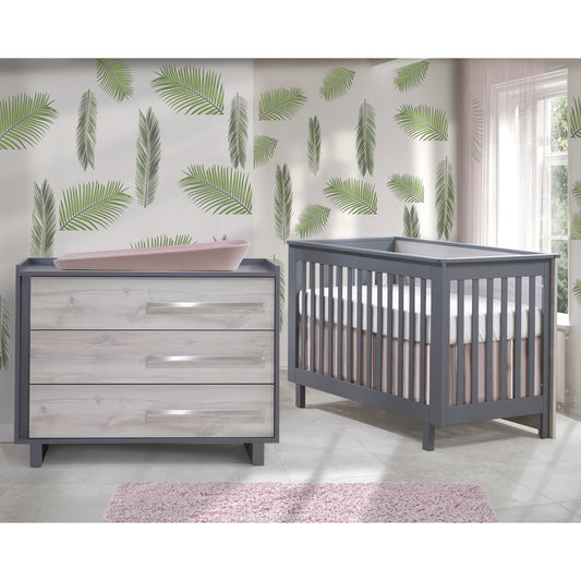 Tulip Urban Convertible Crib & 3 Drawer Dresser XL, Charcoal/Washed Walnut