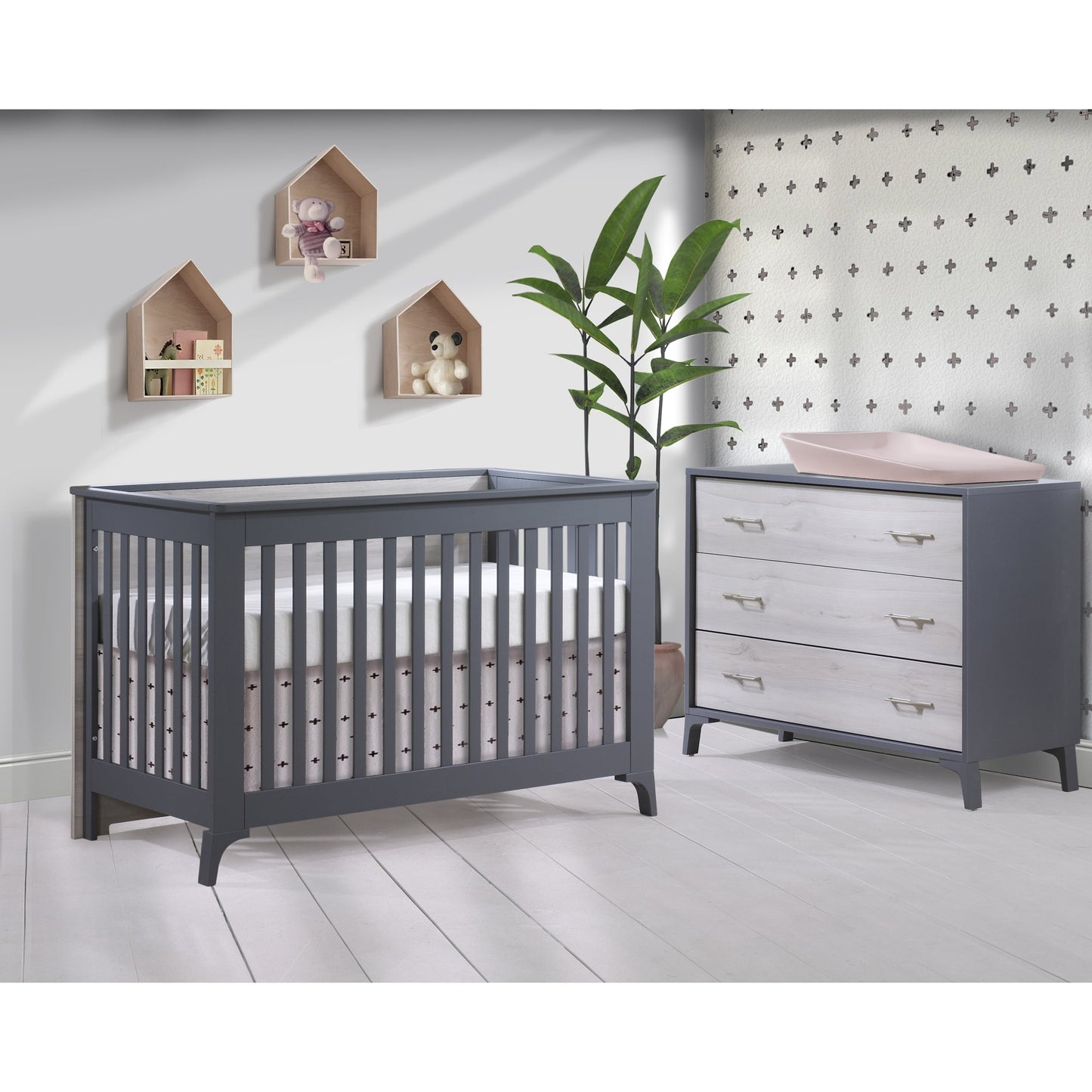 Tulip Metro Convertible Crib & 3 Drawer Dresser XL, CHARCOAL/WASHED WALNUT