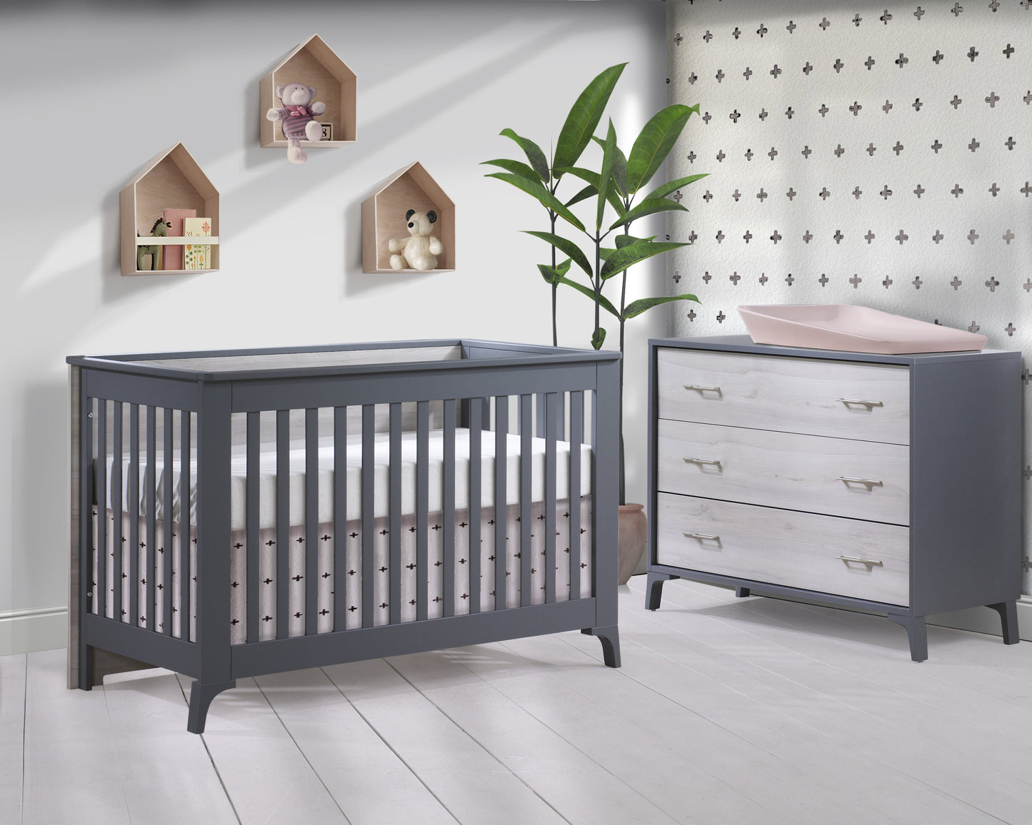 Tulip Metro Convertible Crib & 3 Drawer Dresser XL, CHARCOAL/NATURAL